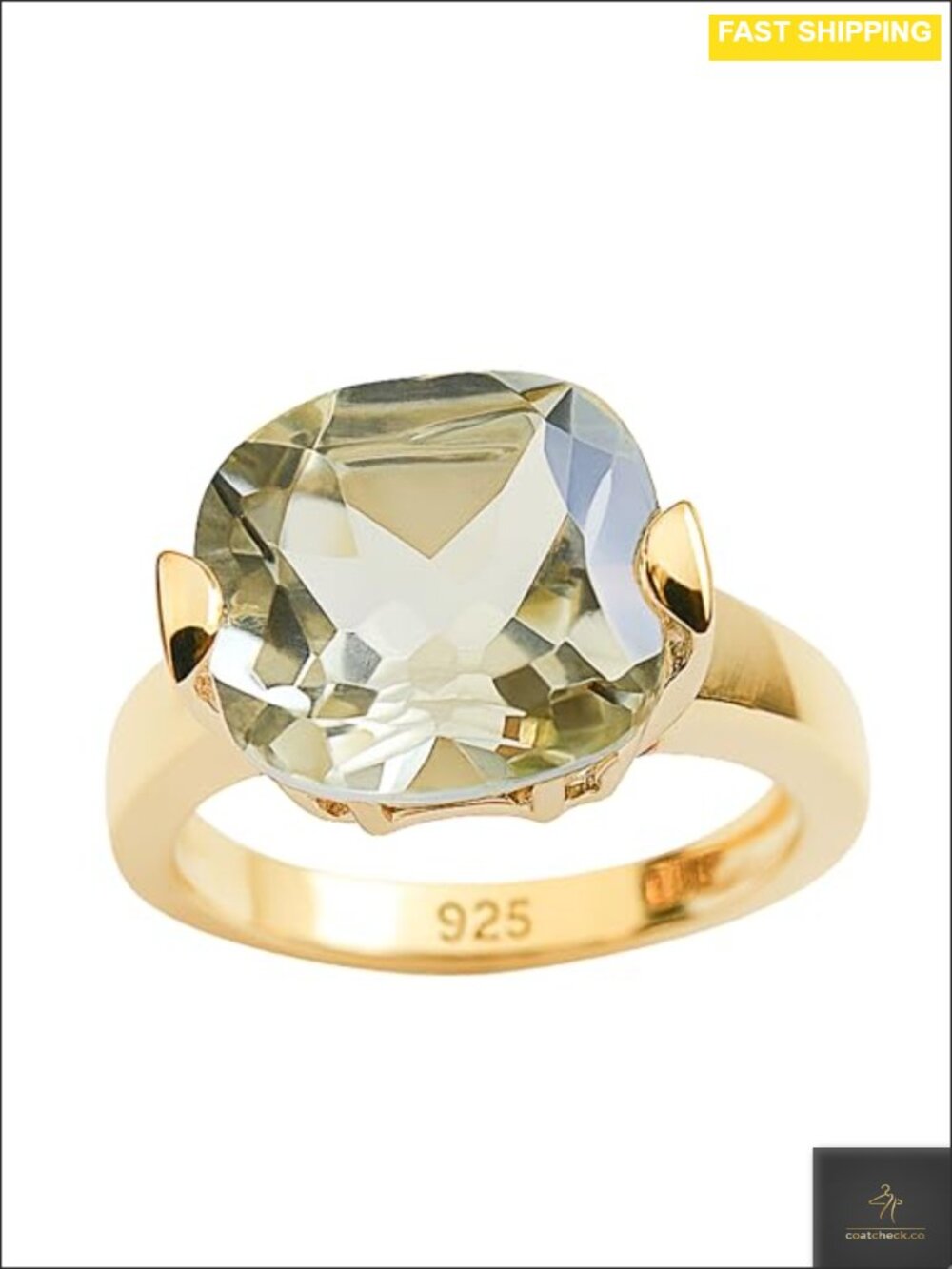 Green Amethyst Cushion Cut Ring 12mm 925 Solid Sterling Silver 3 Micron Gold